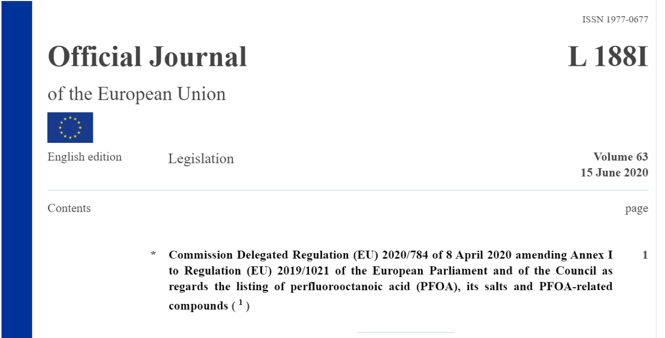 「欧盟」PFOA正式成为POP法规管控物质，并将于下月生效